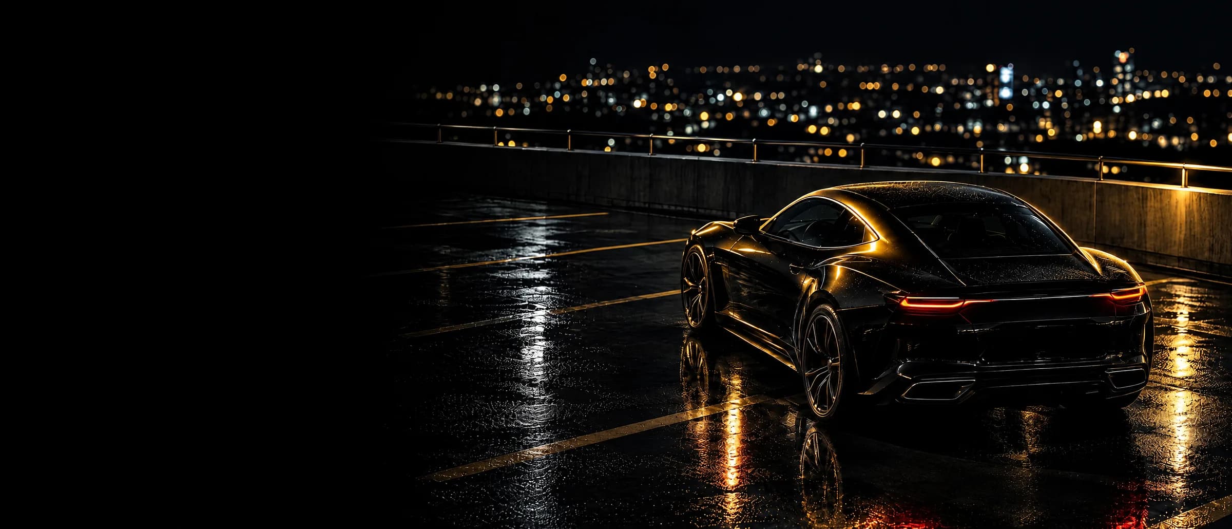 Wet rooftop at night, city lights below, a car under gold rim light